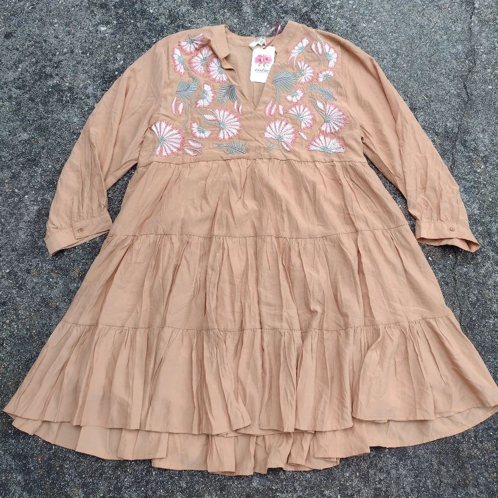 Entro Brown Embroidered Tiered Mini Dress Boho 3/4 Sleeve - Picture 2 of 9